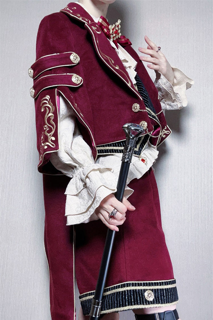 Red [Royal Heir] Embroidery Classic Military Gorgeous Handsome Ouji Lolita Coat Blouse Shorts Set