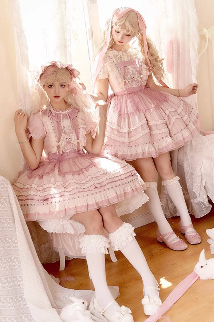 Pink Rabbit Print Sweet Dream Girl Ruffle Bowknot Stitching Lace Lolita JSK Dress