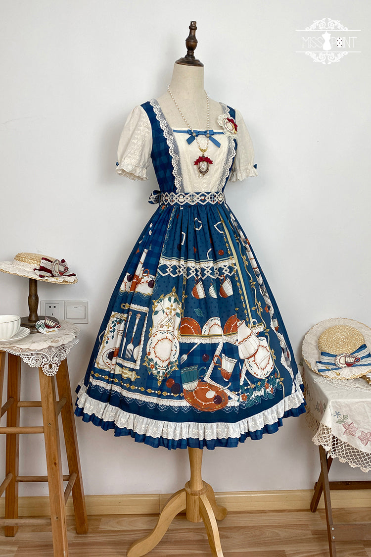 Dark Blue [Tea Party] Short Sleeves Print Ruffle Bowknot Lace Sweet Elegant Lolita Dress