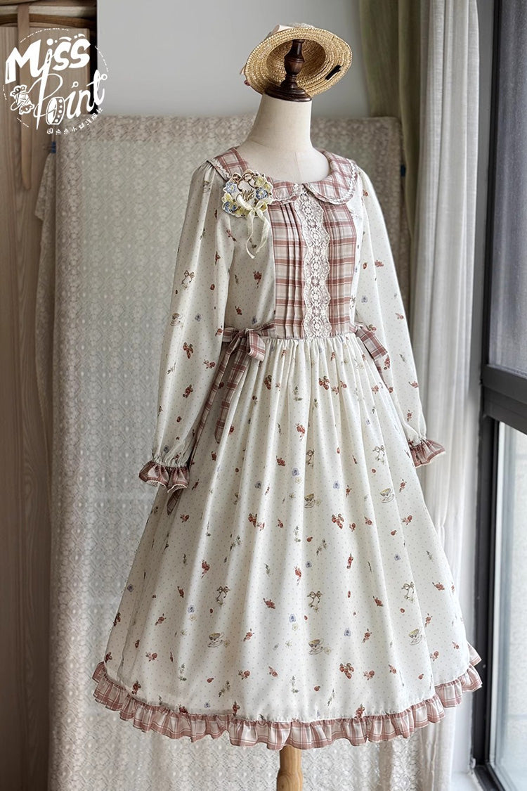 Ivory Round Collar Long Sleeves Print Ruffle Bowknot Sweet Elegant Lolita Dress