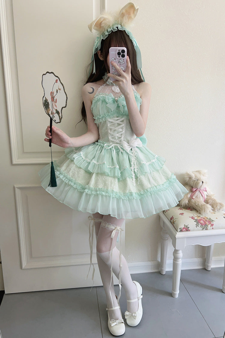 Green Halterneck Triple-Layered Bowknot Lace Sweet Lolita Jsk Dress