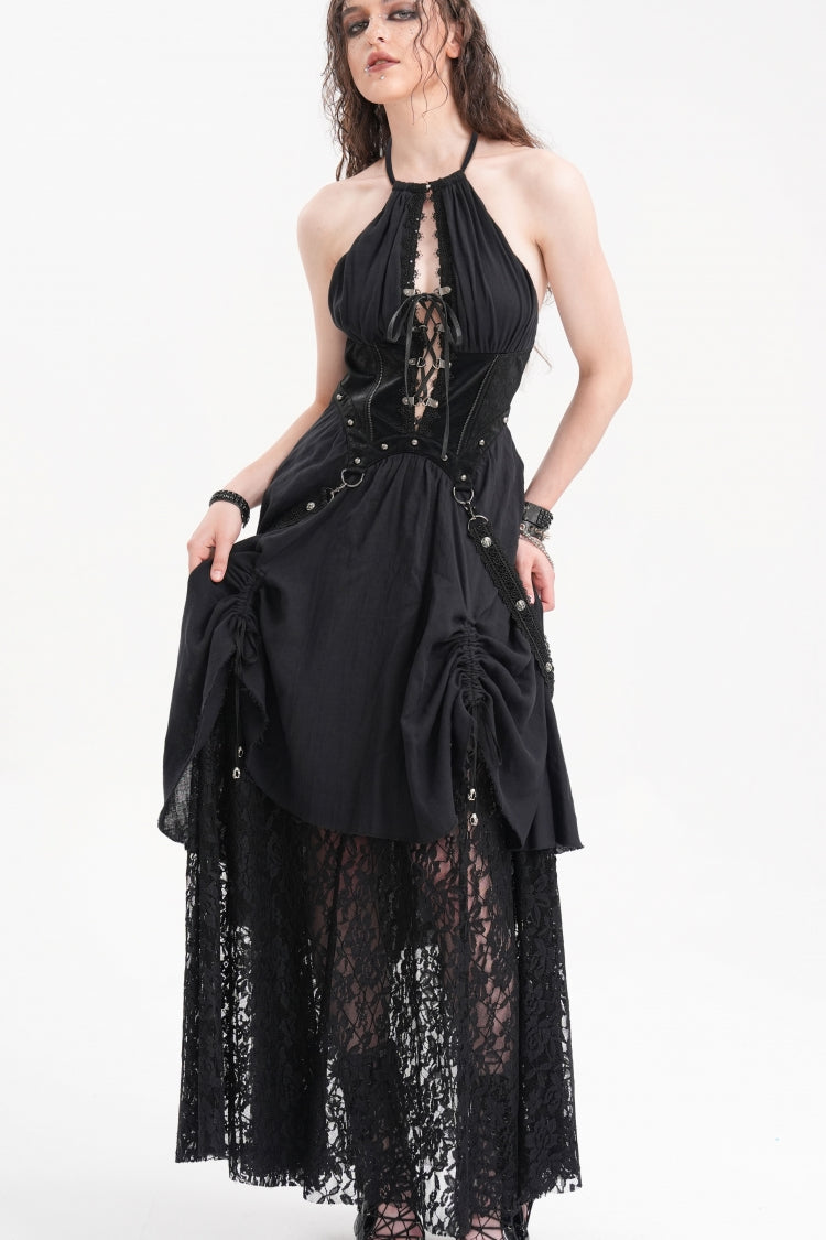 Black Halterneck Hollow Lace Women's Gothic Strap Maxi Dress