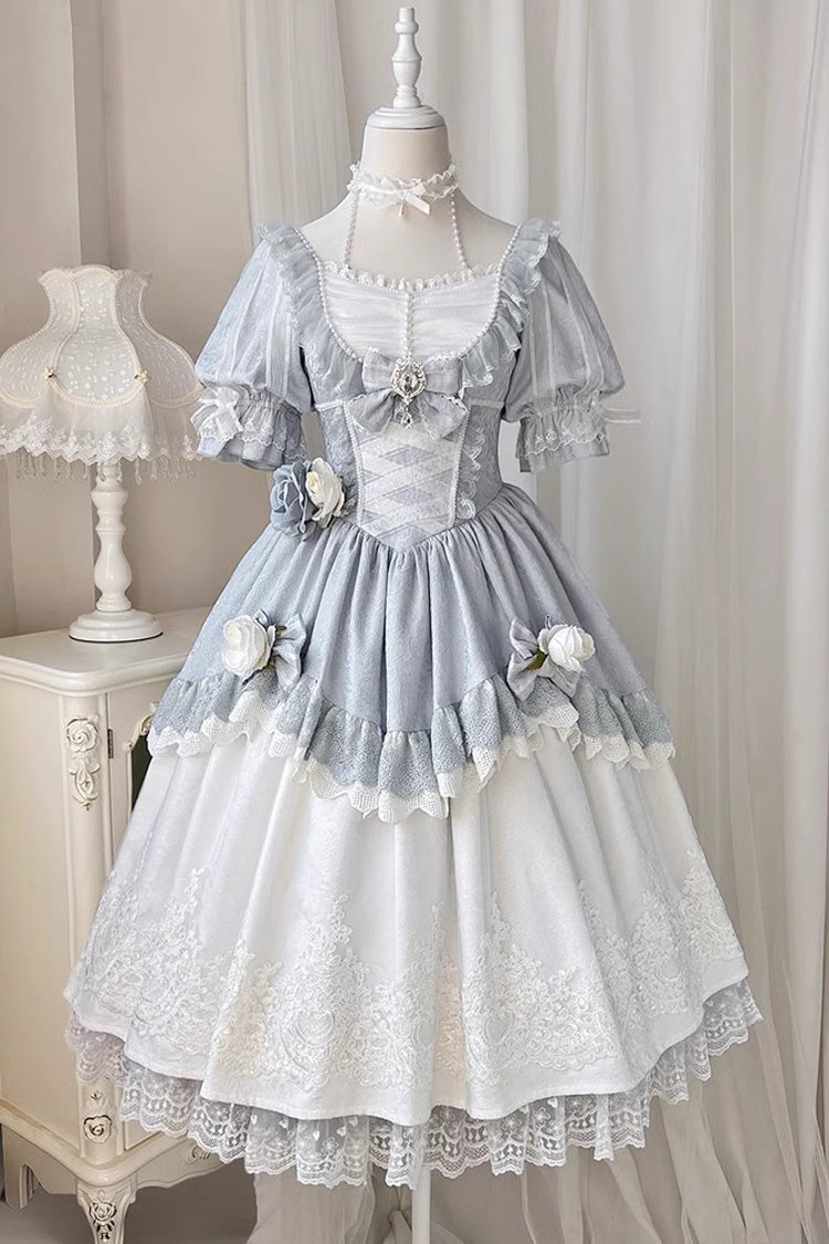 Einfarbiges, märchenhaftes Tanzkleid mit Stickerei und Schleife aus Spitze, süßes, elegantes Prinzessinnen-Lolita-Kleid