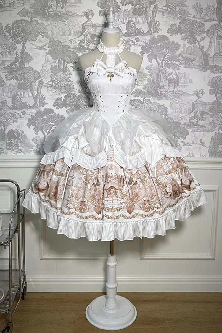 White [The Mystery of The Doll] Halterneck Print Ruffle Bowknot Drawstring Gothic Lolita Dress