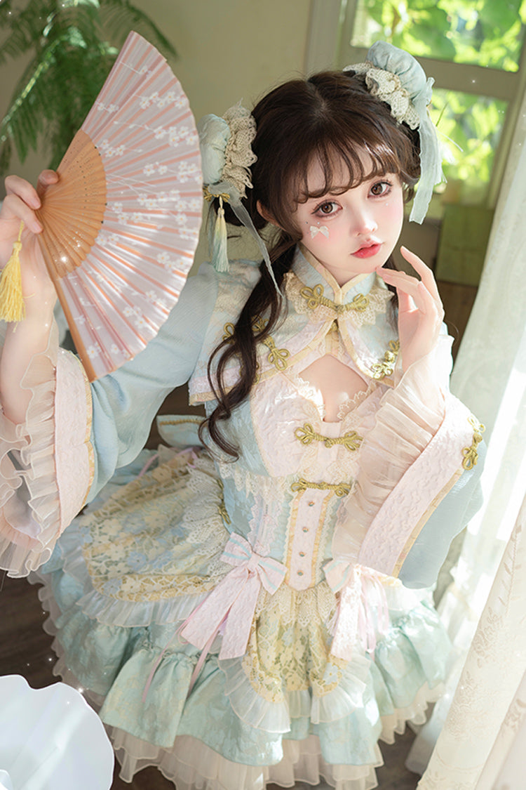 Green White Pear Dream Multi-layer Ruffle Lace Sweet Chinese Style Princess Lolita Jsk Dress