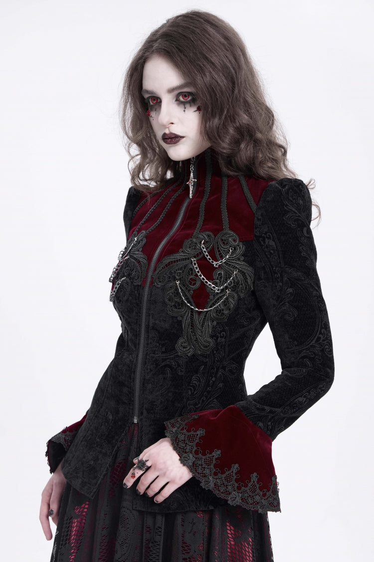 Black/Red Stand Collar Long Trumpet Sleeves Embroidery Women's Gothic Jacket