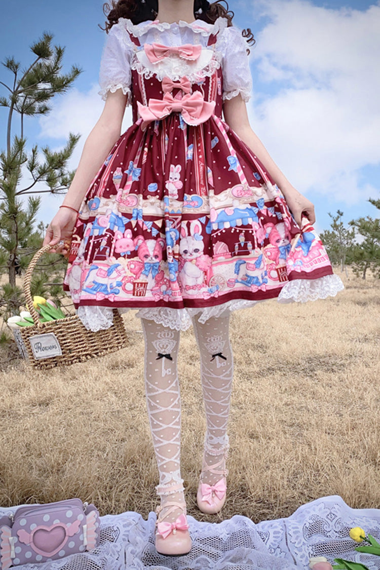 Wine Red Doll Playground Print Ruffle Bowknot Sweet Lolita Jsk Dress