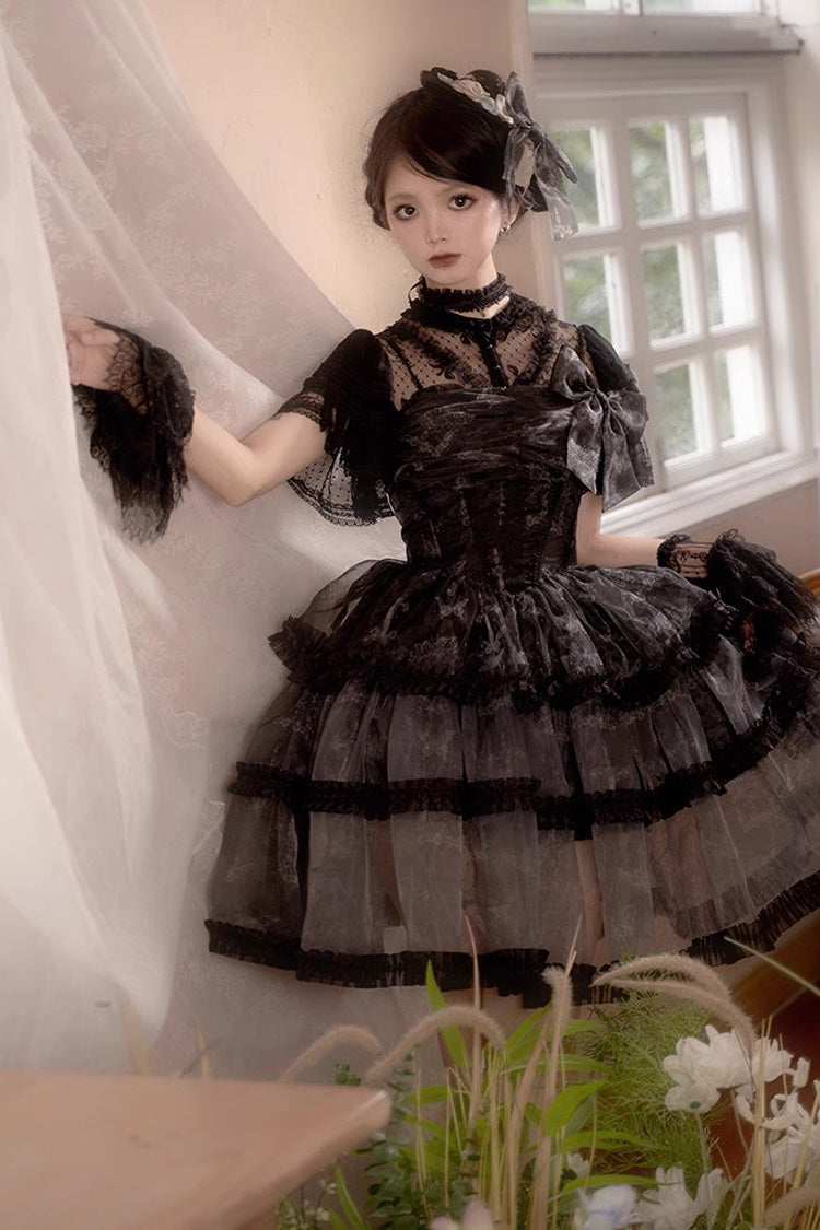 Black Multi-layer Butterfly Print Bowknot Lace Fish Bone Gothic Lolita Jsk Dress