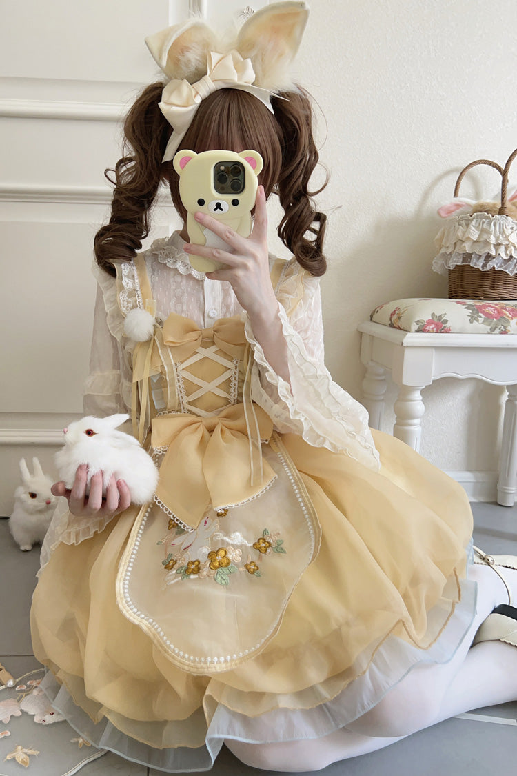 Yellow [Moon Rabbit Shadow] Embroidery Ruffle Bowknot Lace Sweet Lolita Jsk Dress