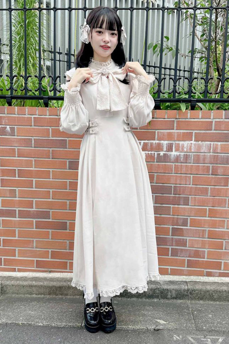 White Stand Collar Off Shoulder Long Sleeves Hollow Bowknot Slim Jirai Kei Japanese Dress