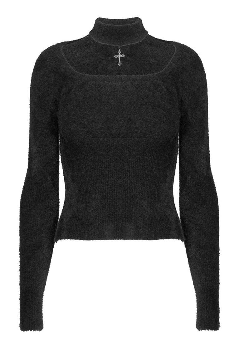 Black Knitted Tight Hollow-Carved Design Metal Cross Decoration Long Sleeve Women's Punk Top