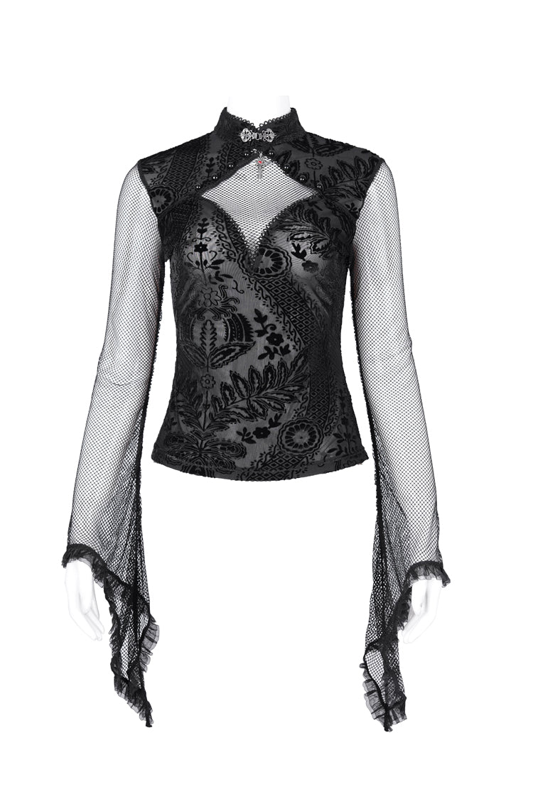 Black Stand Collar Hollow Embroidery Lace Women's Gothic Blouse