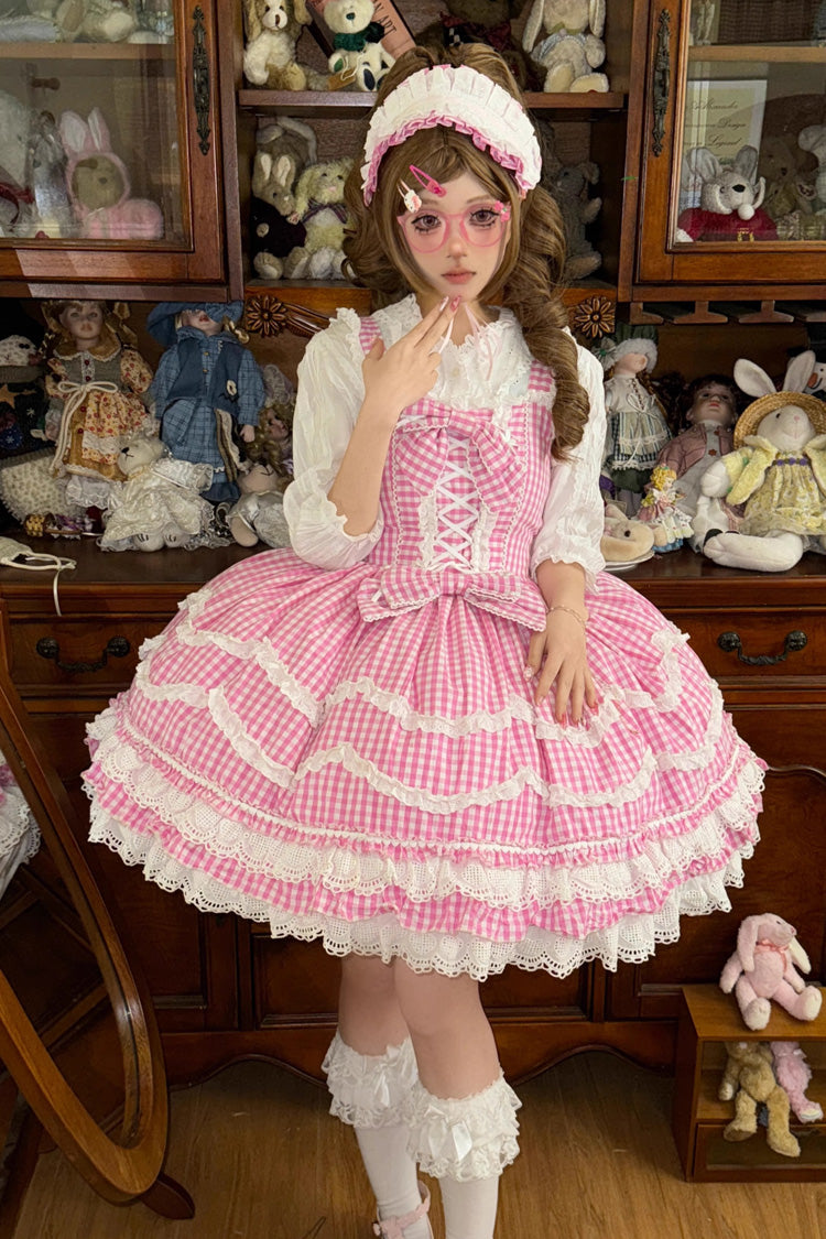 Pink Plaid Print Ruffle Bowknot Lace-Up Sweet Lolita Dress