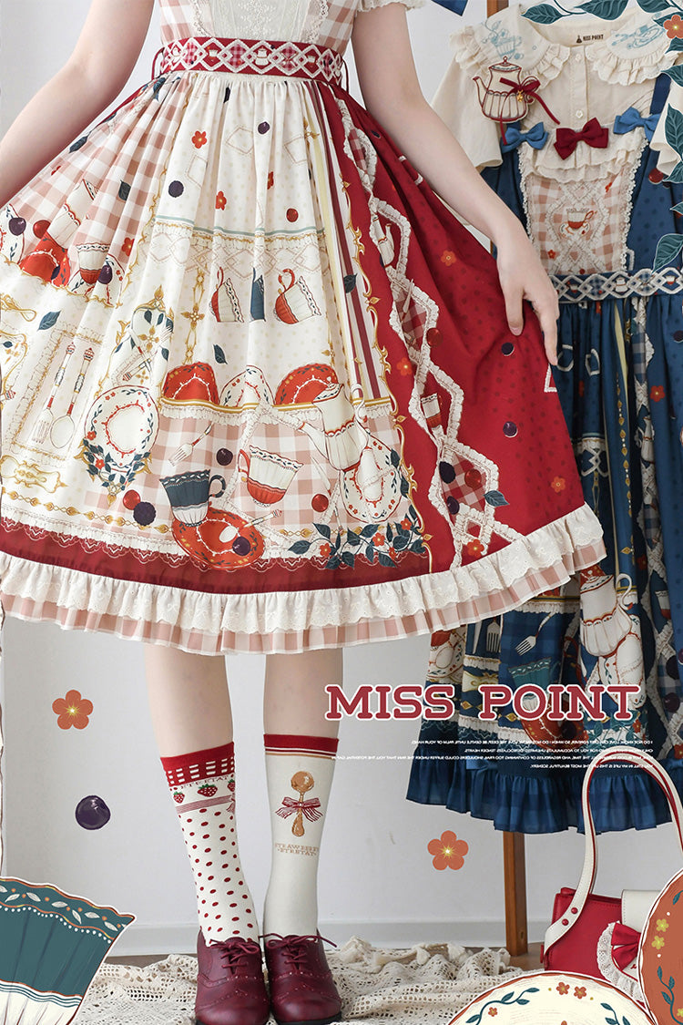 Red [Tea Party] Short Sleeves Print Ruffle Bowknot Lace Sweet Elegant Lolita Dress