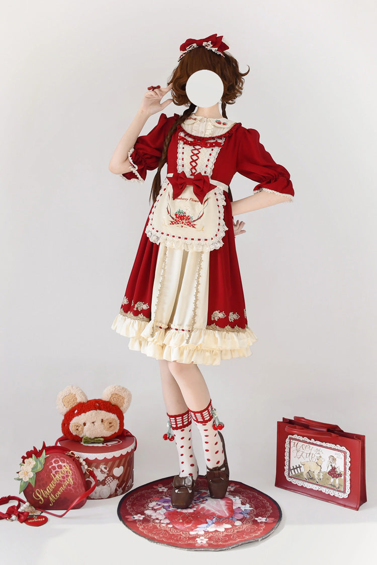 Red Tochigi Girl Double-Layered Ruffle Embroidery Cardigan Sweet Lolita Dress