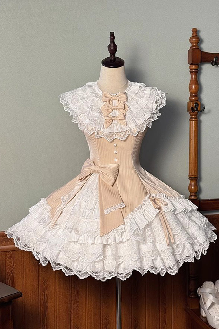 Champagne [Miss Tsundere] Sleeveless Multi-Layered Ruffle Bowknot Lace Asymmetric Sweet Princess Lolita Dress