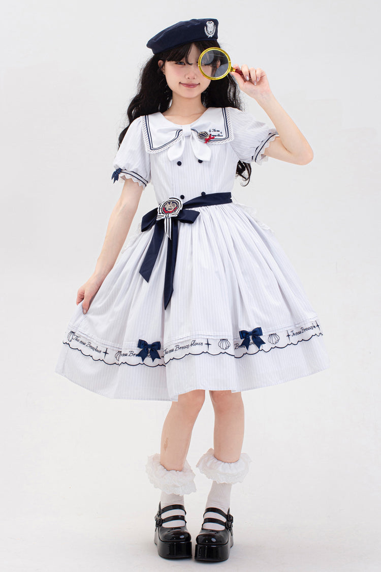 White Navy Stripe Print Short Sleeves Ruffle Embroidery Sweet Lolita Dress