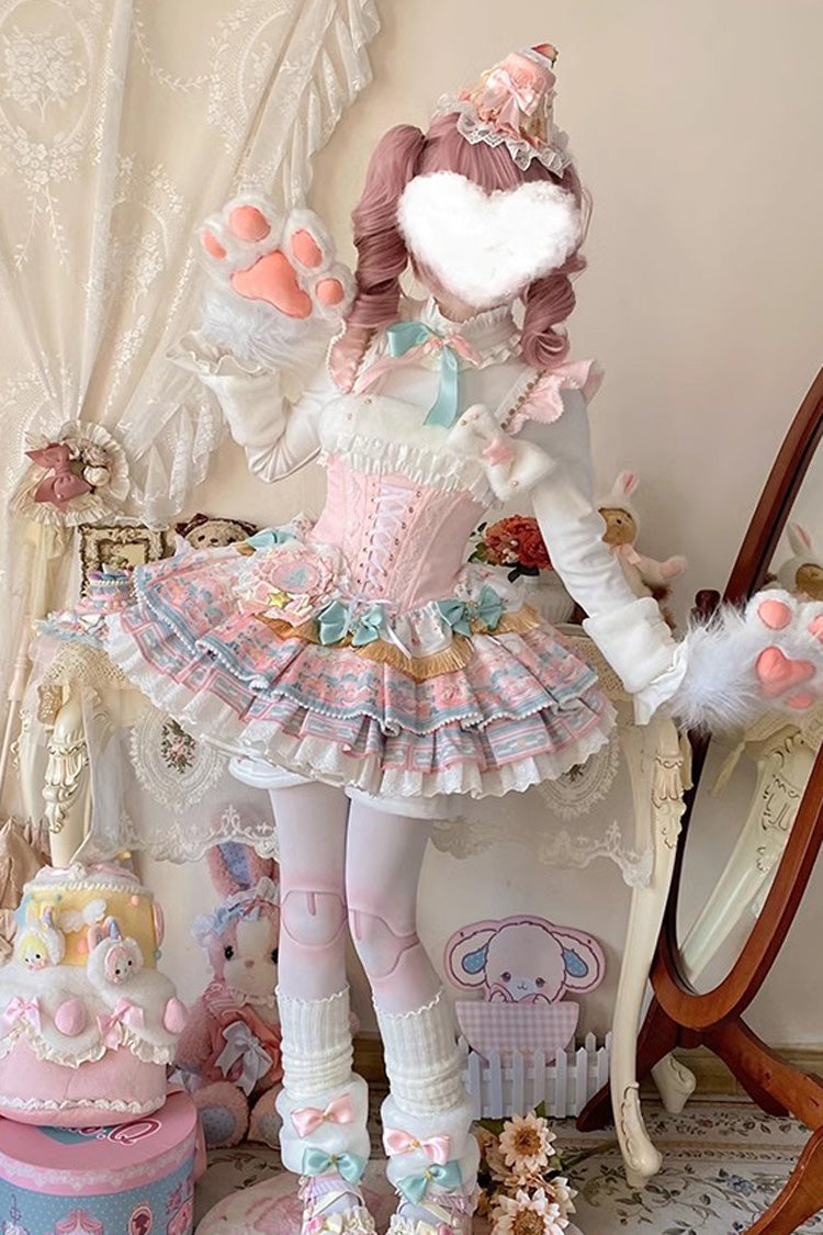 Pink [Candy House] Multi-Layered Print Ruffle Bowknot Lace-Up Sweet Ballet Lolita Jsk Dress