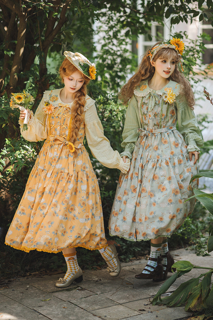 Yellow [Gardening Sunflower] Sleeveless Print Ruffle Bowknot Sweet Elegant Lolita Jsk Dress