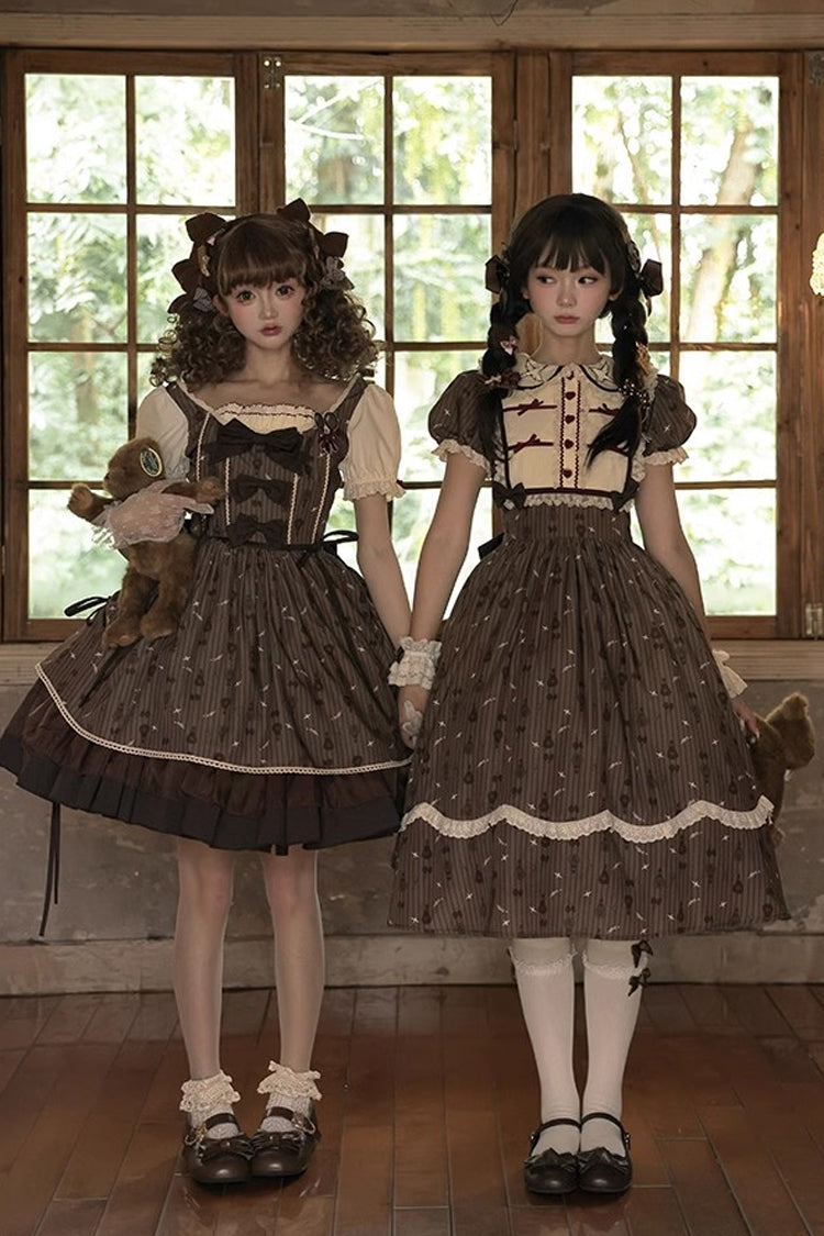 Braunes Moro Coco [Heißluftballon] Druck Rüschen Schleife Süßes Elegantes Prinzessin Lolita Kleid Lange Version