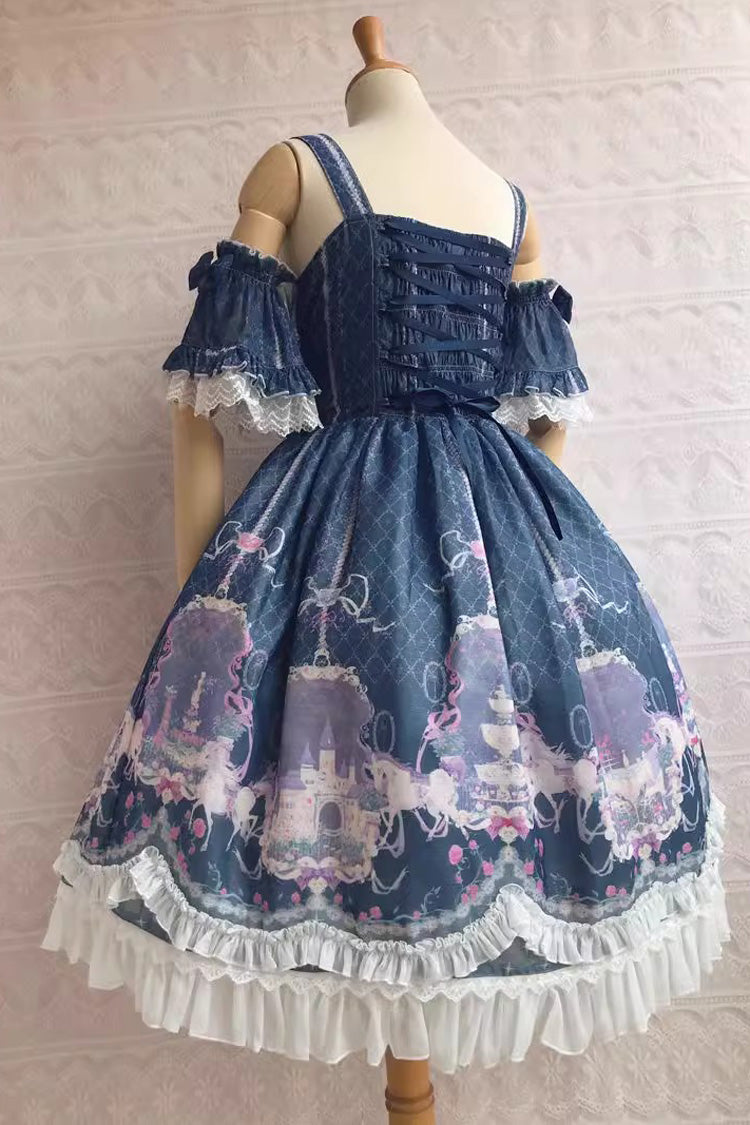 Süßes Lolita-JSK-Kleid mit Rüschen und Schleife im Unicorn's Secret Garden-Print, 7 Farben