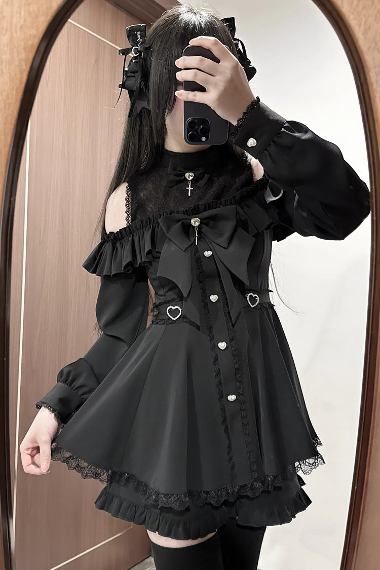 Black Long Sleeves Ruffle Stitching Lace Jirai Kei Japanese Strapless Dress Set