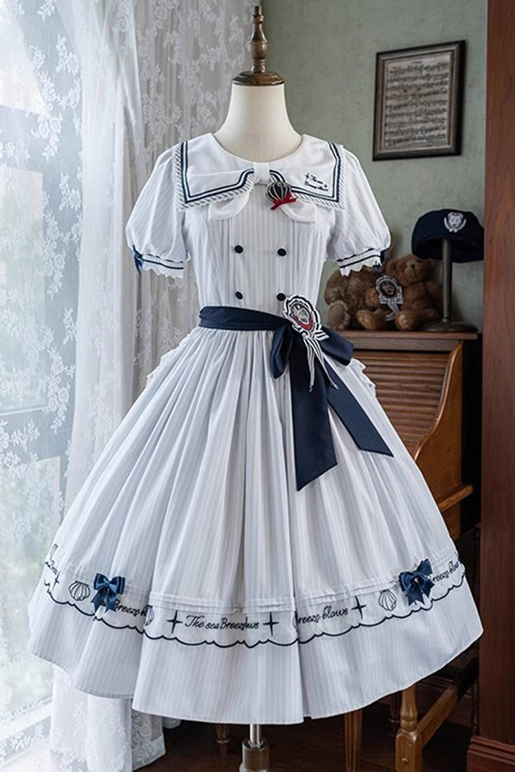 White Navy Stripe Print Short Sleeves Ruffle Embroidery Sweet Lolita Dress