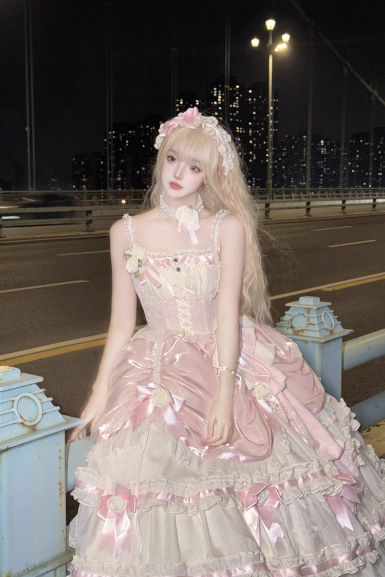 Apricot/Pink Multi-layer Ruffle Hanayome Bowknot Sweet Princess Gorgeous Long Lolita Jsk Dress