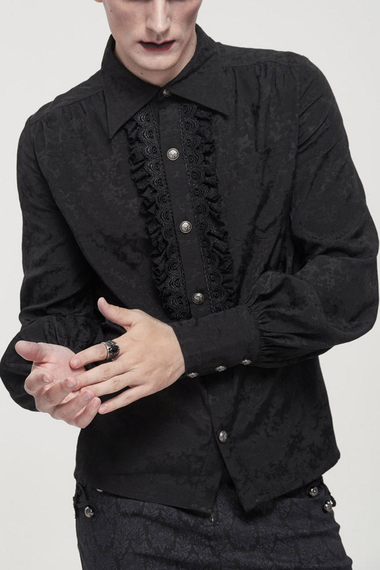 Black Gothic Metal Pattern Buckle Long Sleeve Pleated Lace Lantern Shape Printing Pattern Men's Shirt