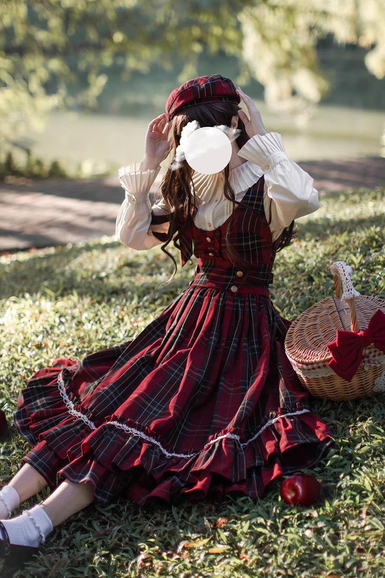 Red [Little Red Riding Hood] Double-Layered Plaid Print Ruffle Bowknot Sweet Vintage Lolita Jumper Dress