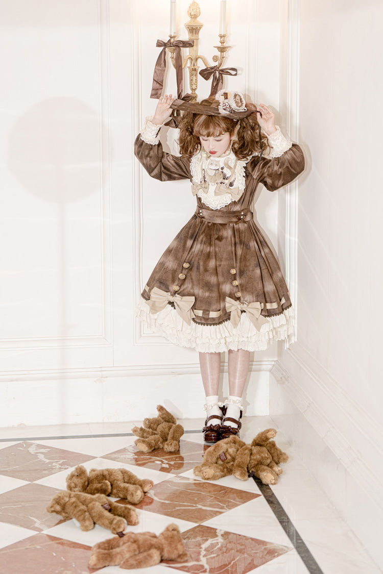 Brown [Chocolate Cat] Print Long Sleeves Ruffle Bowknot Sweet Lolita Dress