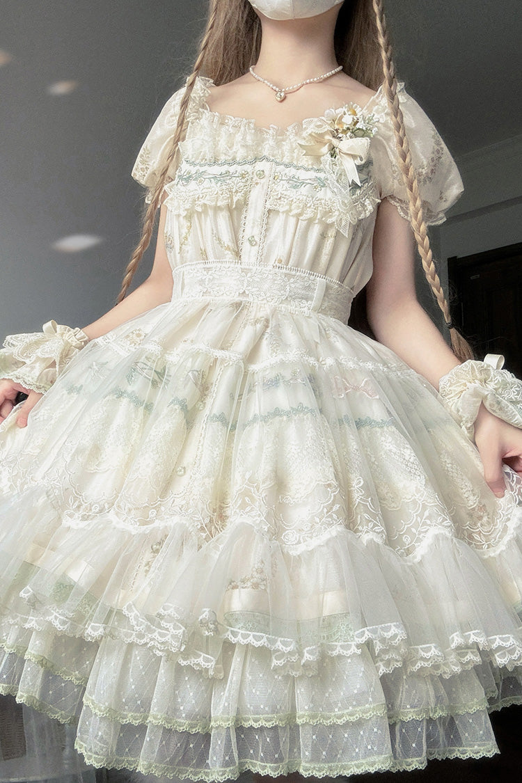 Multi-Color [Daisy Poetry] Print Ruffle Hollow Embroidery Lace Sweet Elegant Princess Lolita Dress