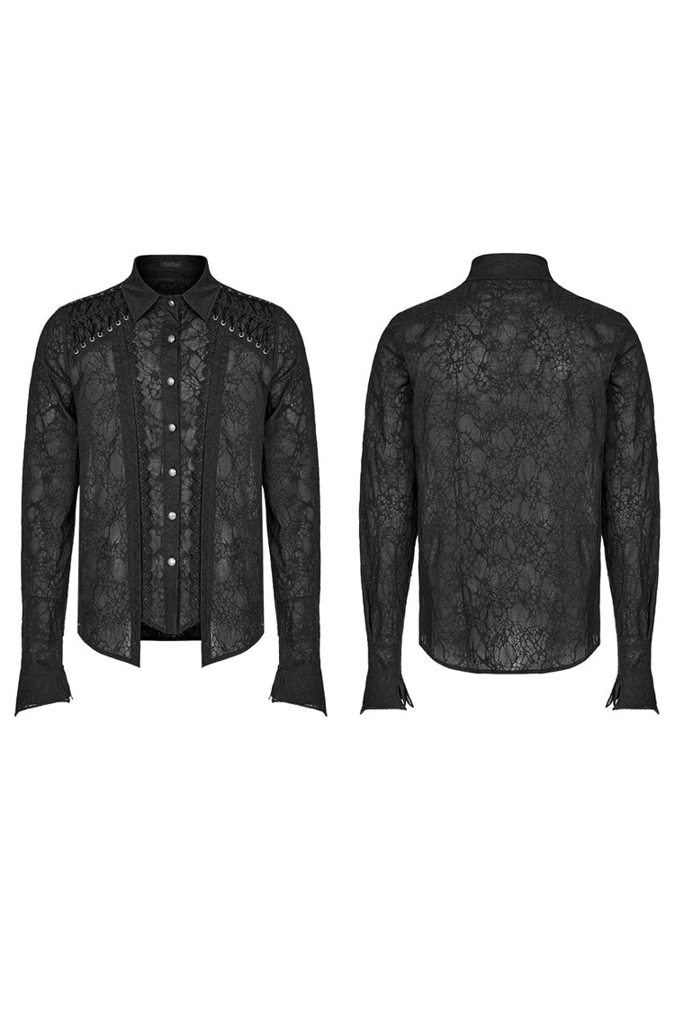 Schwarzer Reverskragen Lange Ärmel Spitze Herren Täglich Gothic Elegante Bluse