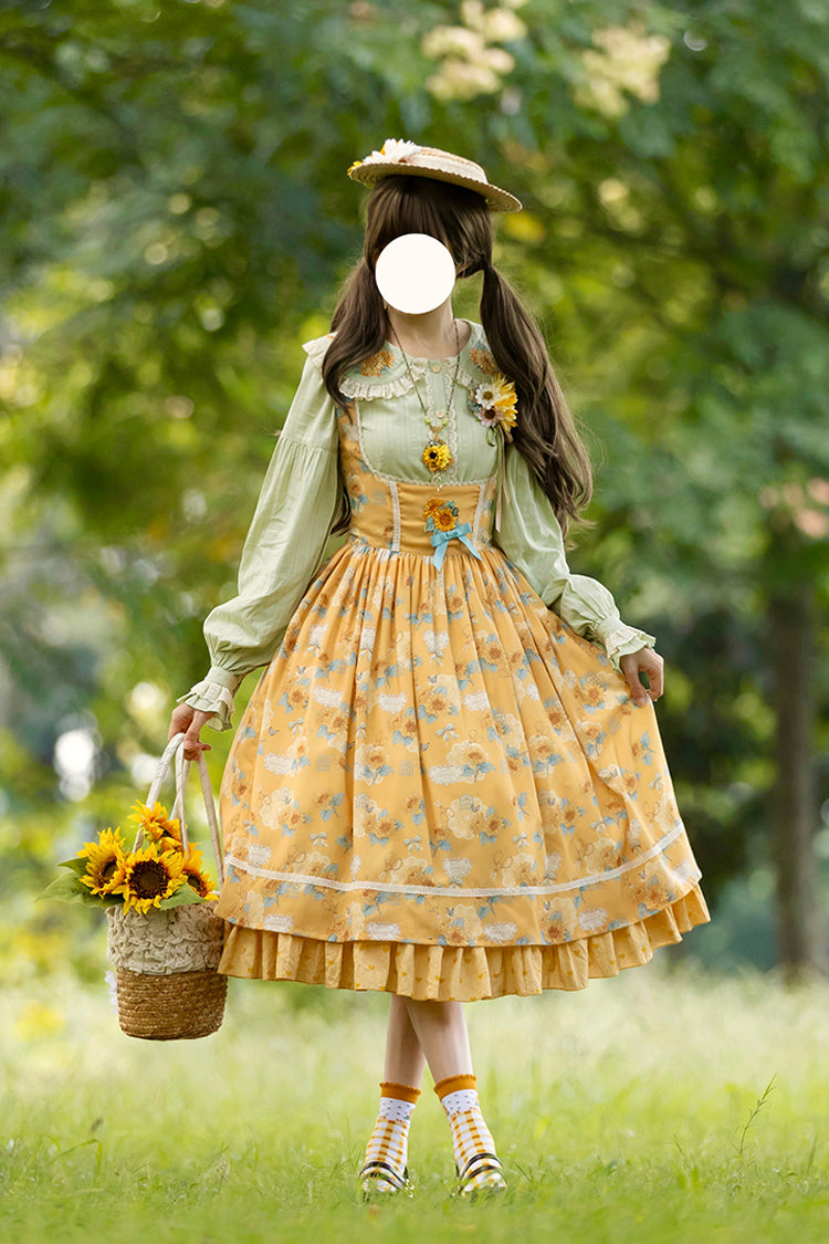 Yellow [Gardening Sunflower] Sleeveless Print Ruffle Bowknot Sweet Elegant Uplift Lolita Jsk Dress