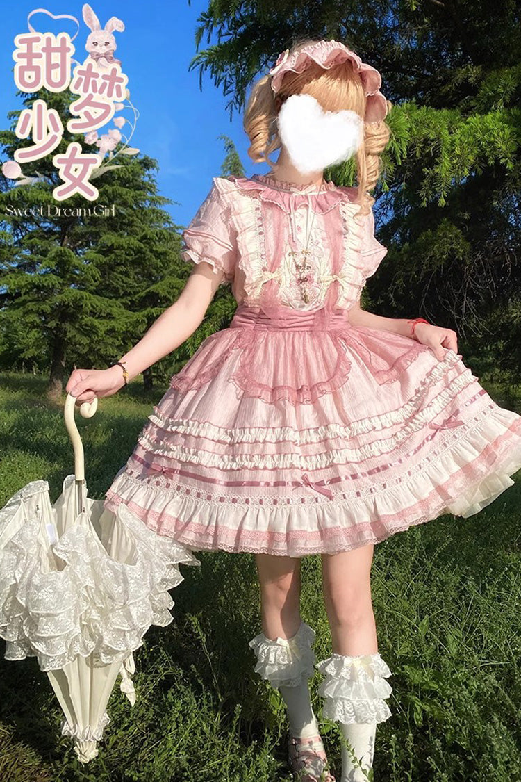 Rosa Lolita-Kleid mit Kaninchen-Print und kurzen Ärmeln sowie Rüschen und Schleife und Spitze