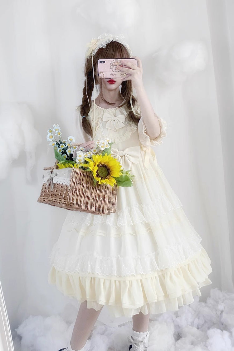 Beiges Lolita-Kleid mit Spitze und Rüschen und Schleife, kurzärmlig