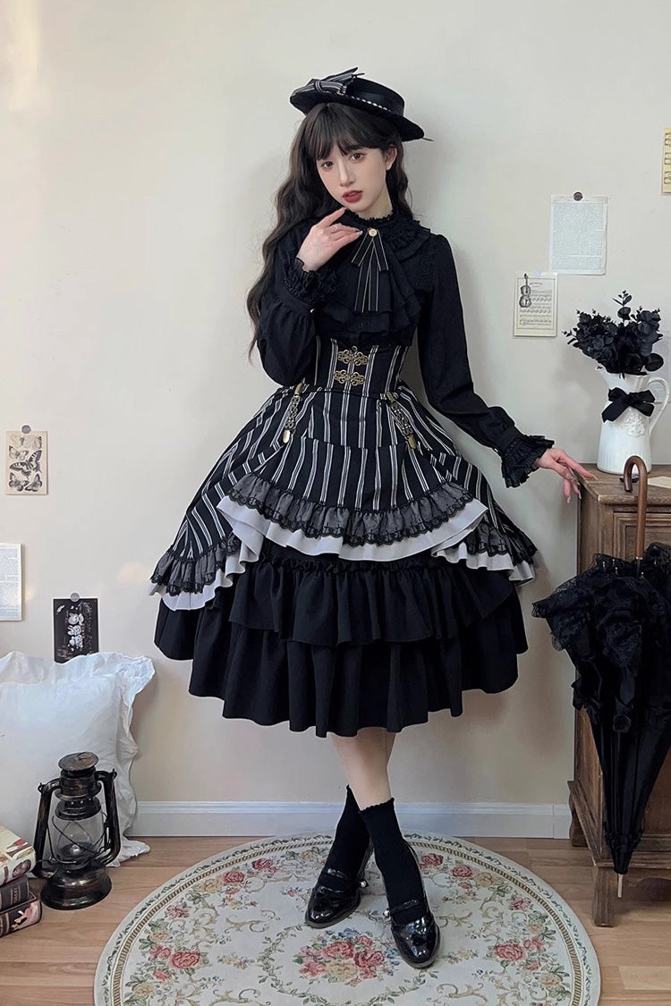 Black Point Manor Multi-layer Striped Print Ruffle Gothic Lolita Skirt