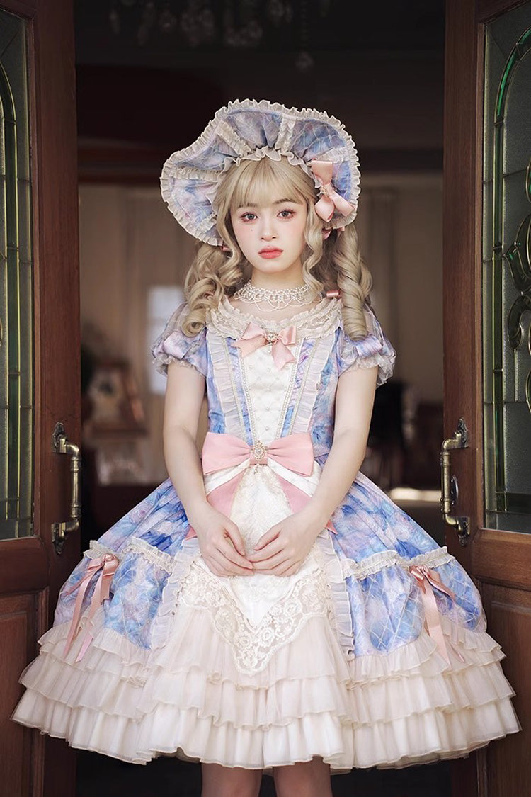 [Angel Heart Sky Oil Painting] Print Ruffle Cardigan Bowknot Sweet Princess Lolita Dress 3 Colors