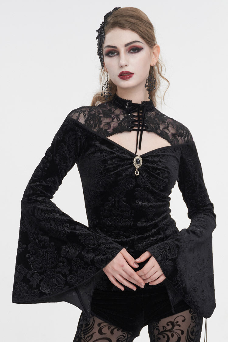 Black Lace Cutout Round Collar Flared Sleeved Floral Embossed Women's Gothic Shirt