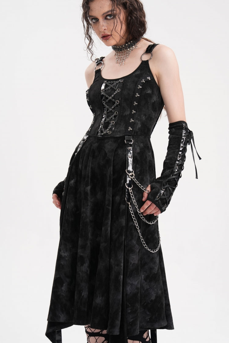 Black Chains Rings Lace-Up Women's Gothic Slip Dress with Gloves