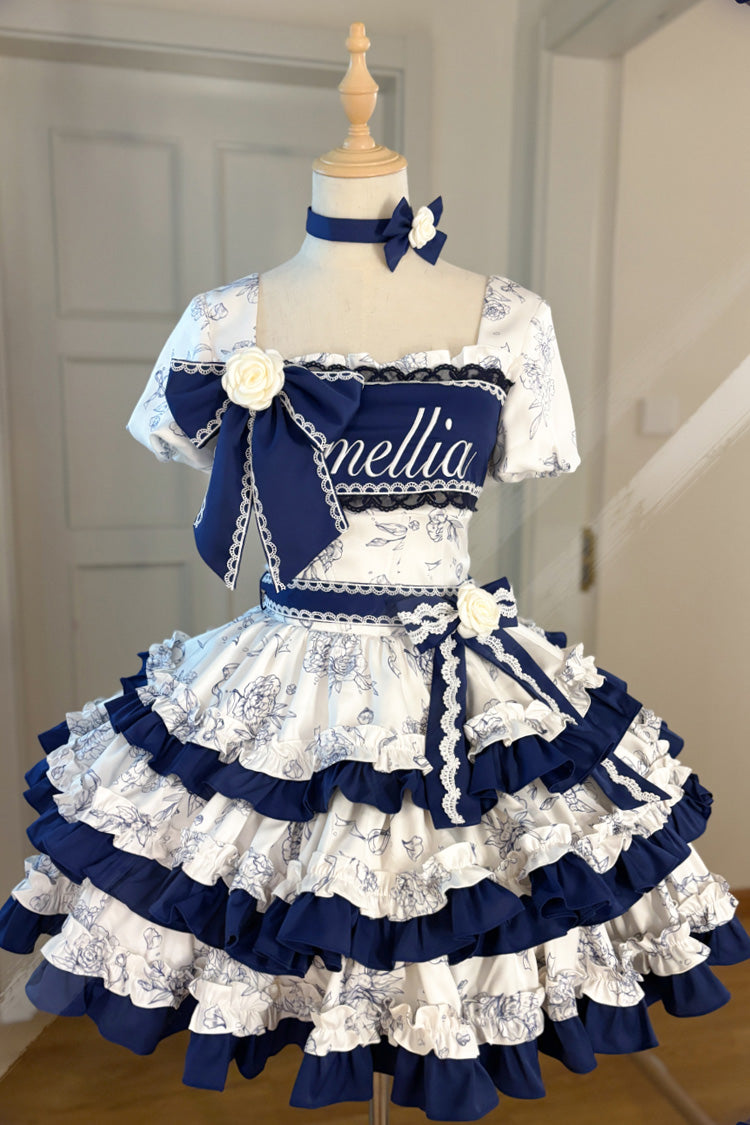 Blue/White Porcelain Print Multi-layer Ruffle Embroidery Bowknot Sweet Lolita Dress