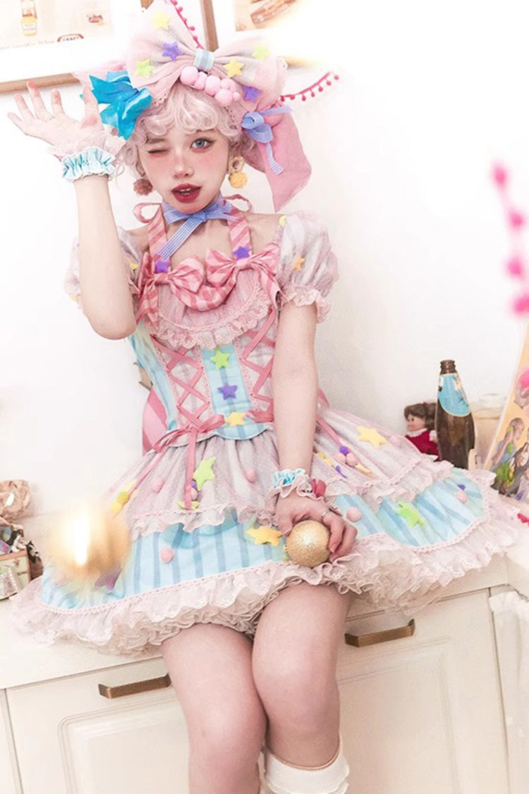 Pink [Sugar Magic] Print Ruffle Bowknot Lace Lace-Up Sweet Lolita Dress