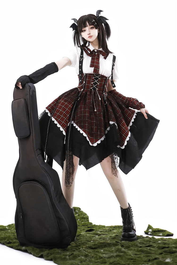 Black/Red [Soul Mantra] Plaid Print Irregular Sweet Lolita Strap Dress