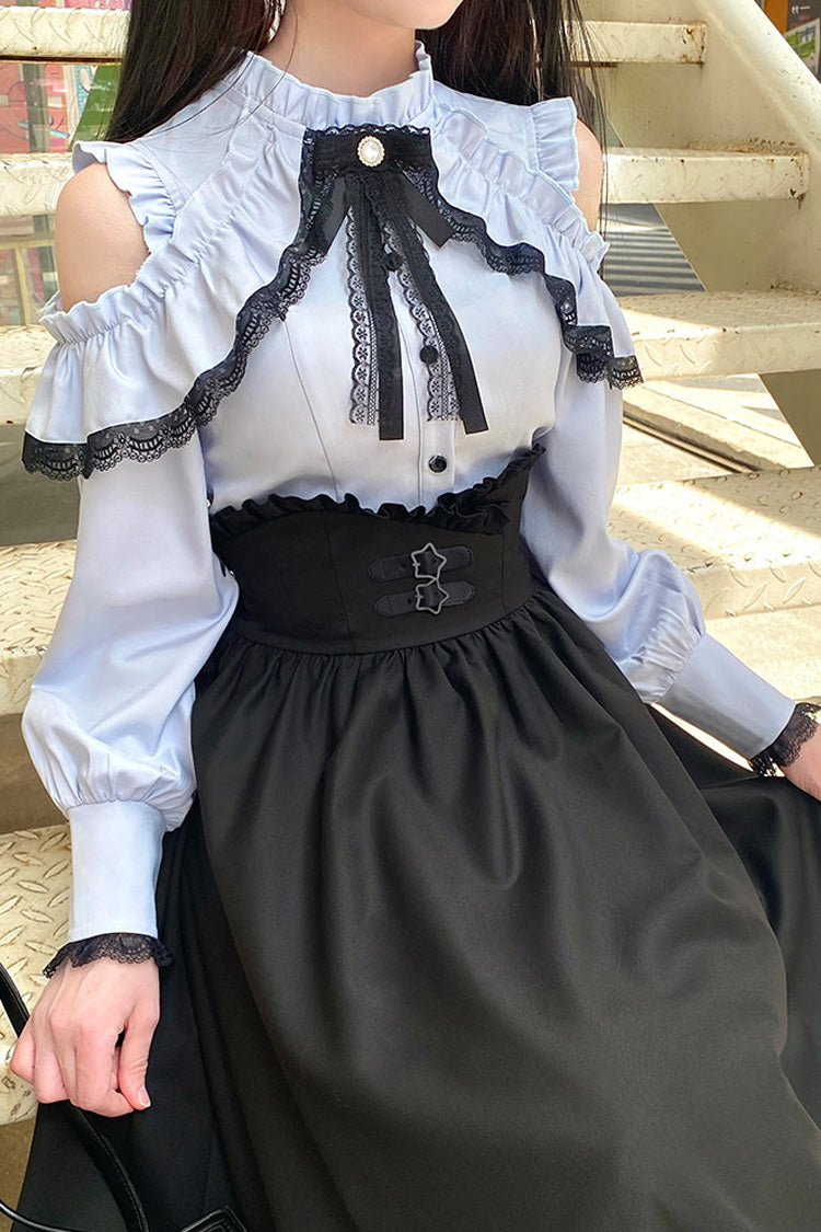 Black/Blue [Half a Star] Off Shoulder Long Sleeves Ruffle Jirai Kei Skirt Set