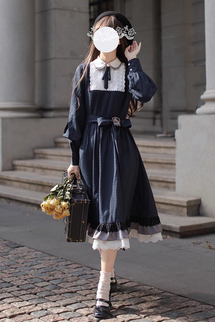 Dark Blue [Phyllis] Plaid Print Ruffle Bowknot Lace Vintage Elegant Lolita Dress