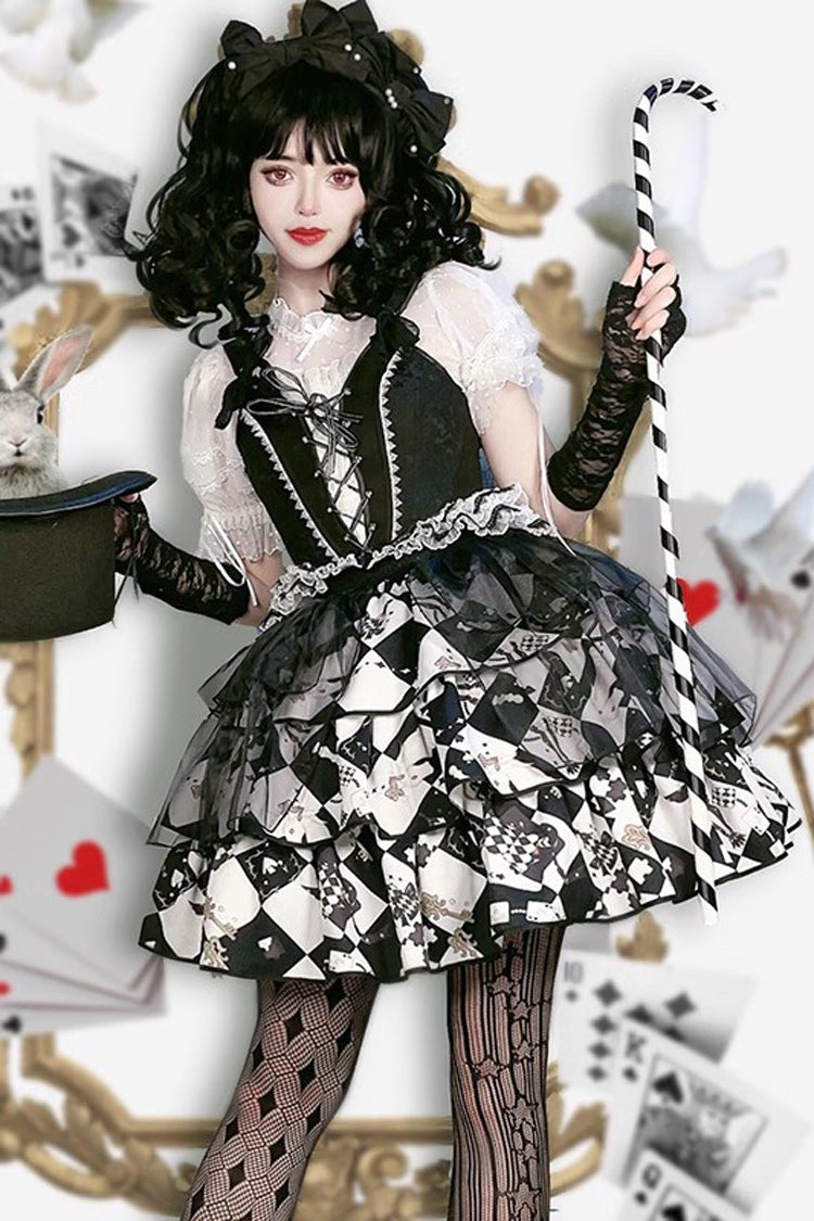 Black/White [Board Games] Triple-Layered Print Ruffle Vintage Lolita Skirt