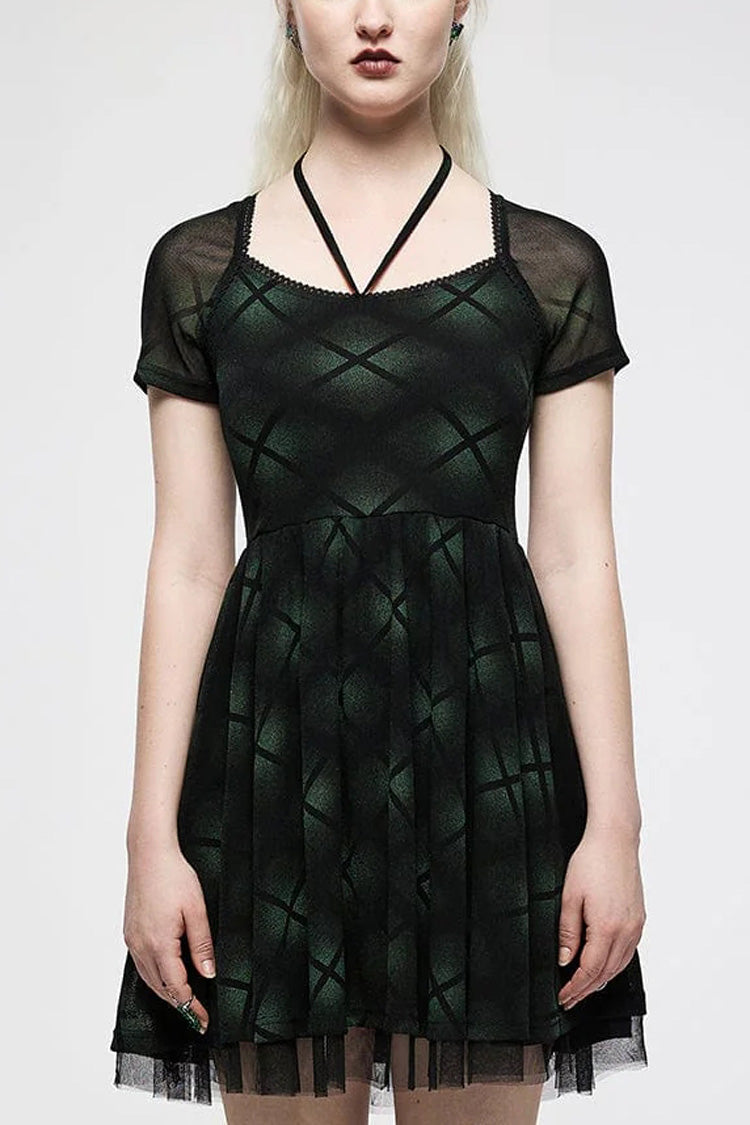 Green Short Sleeves Plaid Print Stitching Mesh Women's Punk Dress