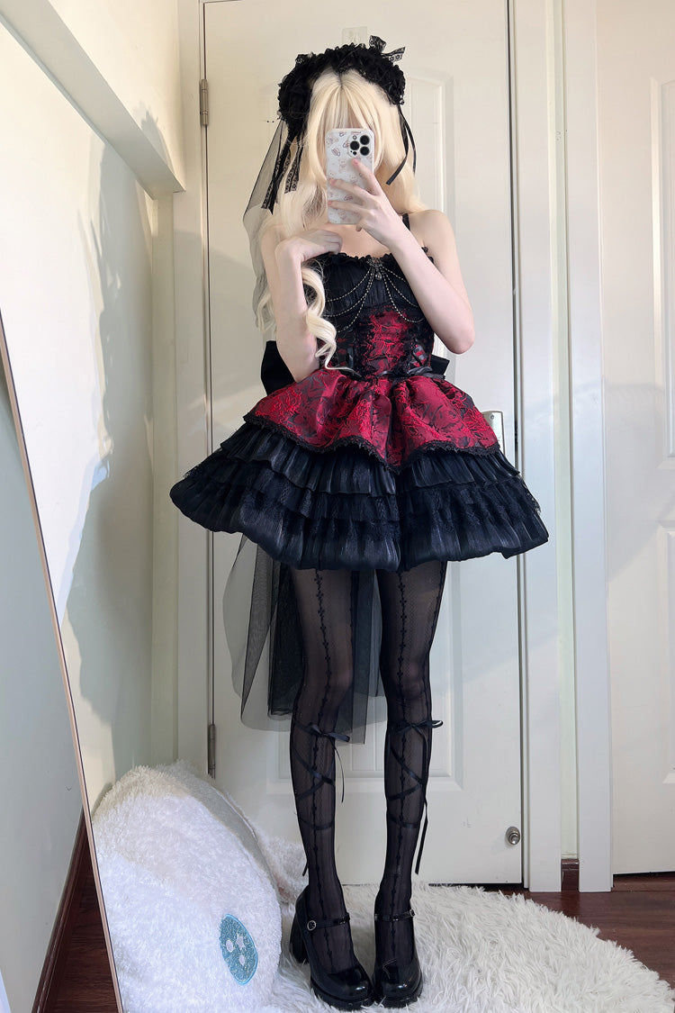 Schwarz/Rot Antiker Traum der dunklen Nacht Print Rüschen Gothic Lolita Jsk Kleid