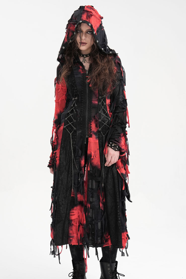 Black/Red Long Sleeves Lace Ripped Zipper Women's Punk Coat