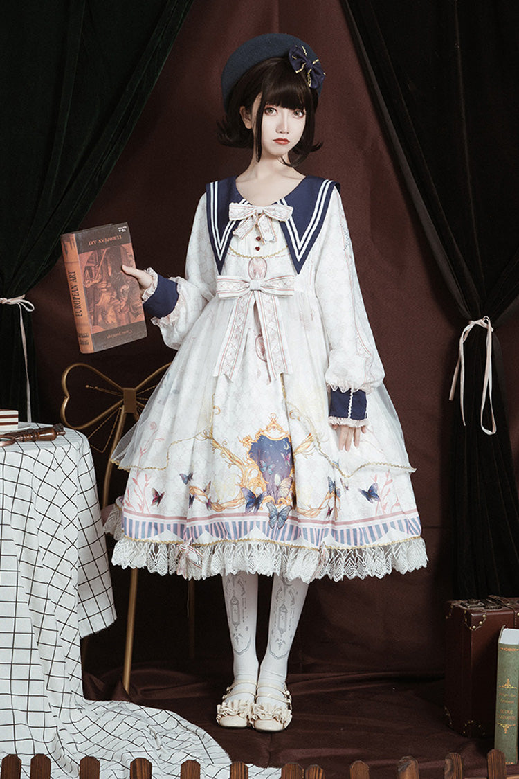 Weißes, marineblaues Kragen, lange Ärmel, Schmetterlingsdruck, Rüschen und Schleife, süßes, elegantes Prinzessin-Lolita-Kleid